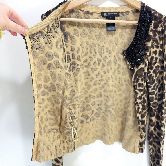 INC International Concepts Angora Blend Leopard Print Cardy with Beaded Collar - Picture 8 of 9